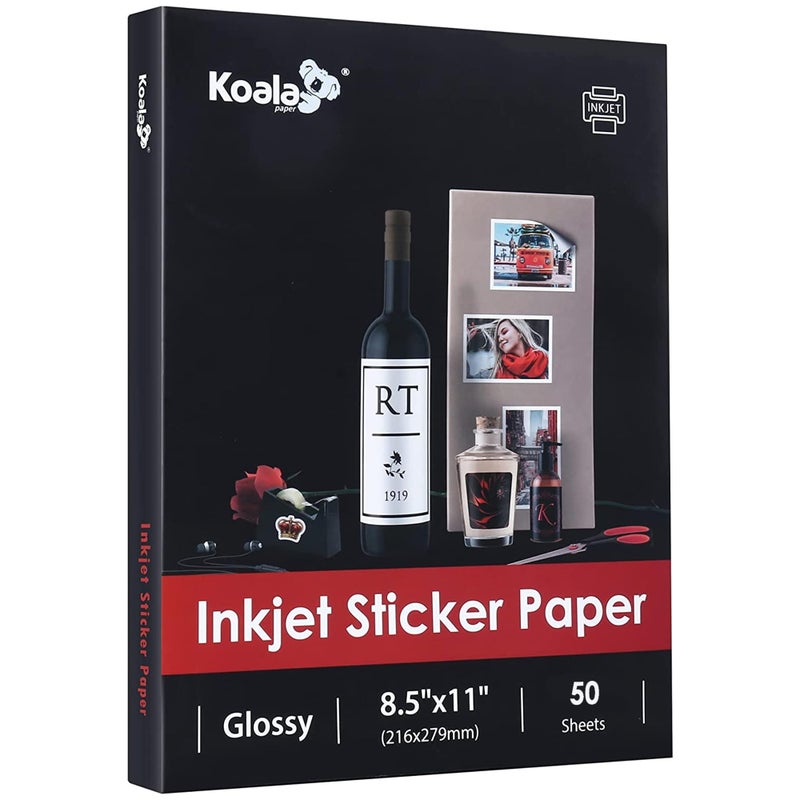 KOALA PAPER (50 Sheets) Koala Glossy Sticker Paper for Inkjet Printer, Printable Sticker Paper White, 8.5x11 Inch Self-Adhesive Photo Sticker Printer Paper - Image 1